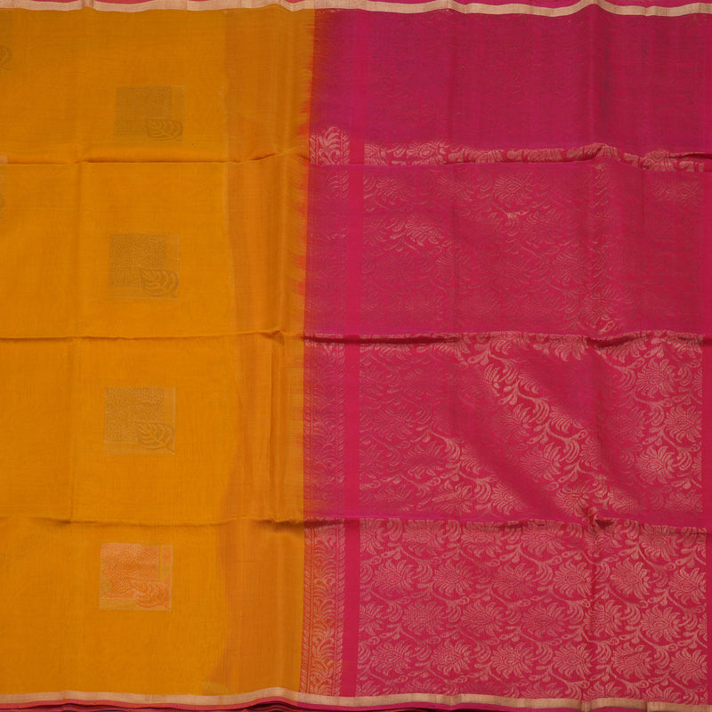 Hayagrivas Tumeric Yellow Pure Kora Silk Cotton Saree with Orangish Pink Edging Border KBE1485J3-32
