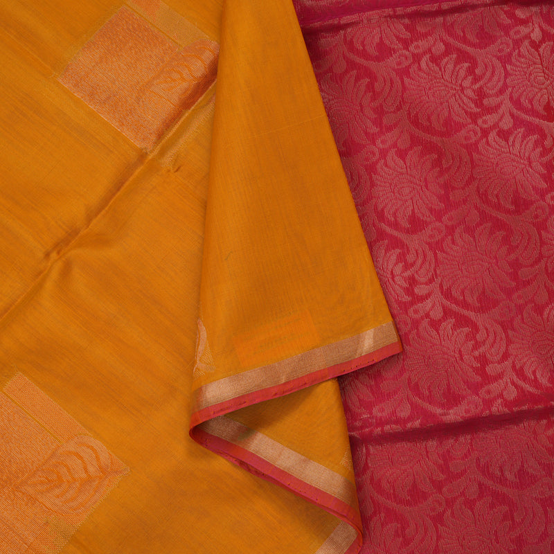 Hayagrivas Tumeric Yellow Pure Kora Silk Cotton Saree with Orangish Pink Edging Border KBE1485J3-32
