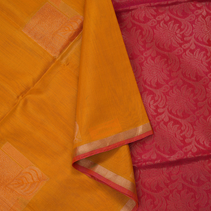 Hayagrivas Tumeric Yellow Pure Kora Silk Cotton Saree with Orangish Pink Edging Border KBE1485J3-32