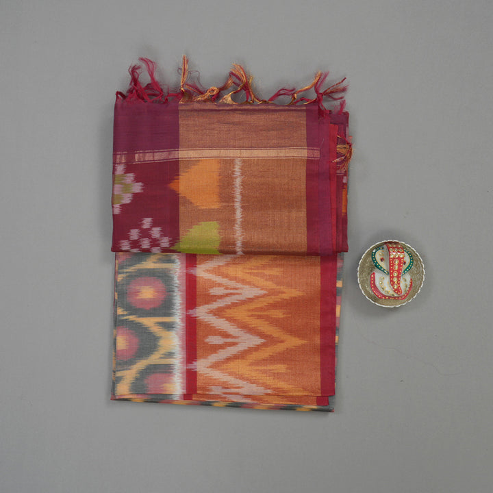 Hayagrivas Handloom Grey Ikkat Kora Silk Cotton Saree with Deep Red Border KBE1485J4-7