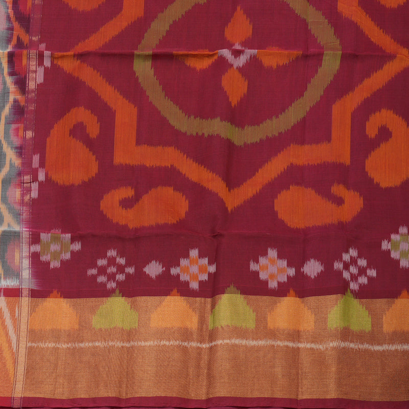 Hayagrivas Handloom Grey Ikkat Kora Silk Cotton Saree with Deep Red Border KBE1485J4-7