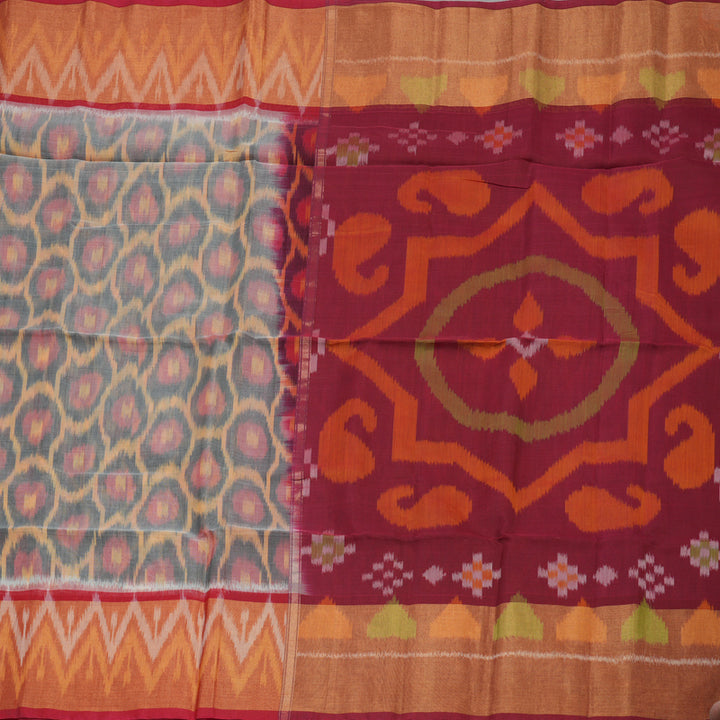 Hayagrivas Handloom Grey Ikkat Kora Silk Cotton Saree with Deep Red Border KBE1485J4-7