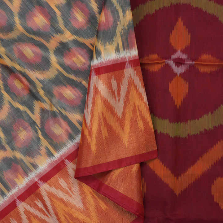 Hayagrivas Handloom Grey Ikkat Kora Silk Cotton Saree with Deep Red Border KBE1485J4-7