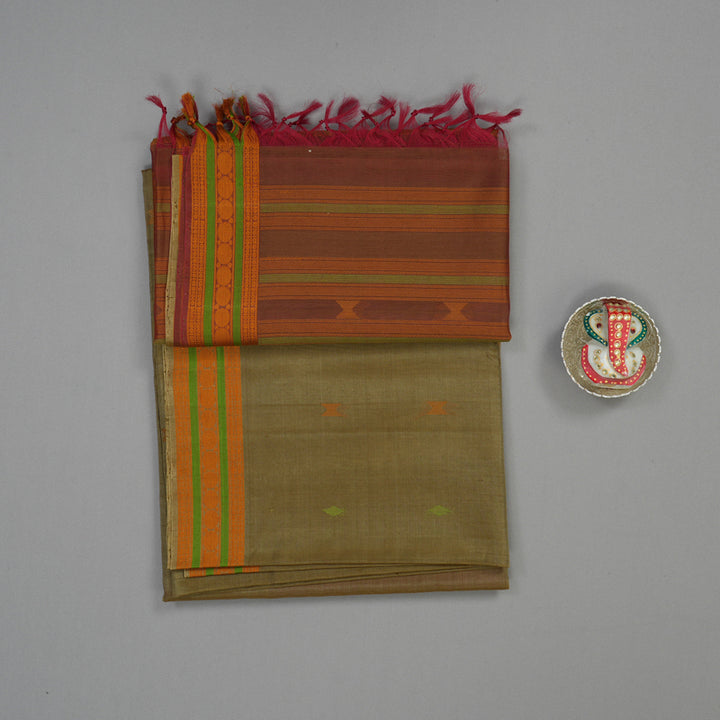 Hayagrivas Sage Green Pure Kora Silk Cotton Saree with Orange Thread Work Border KBE1485J5-9