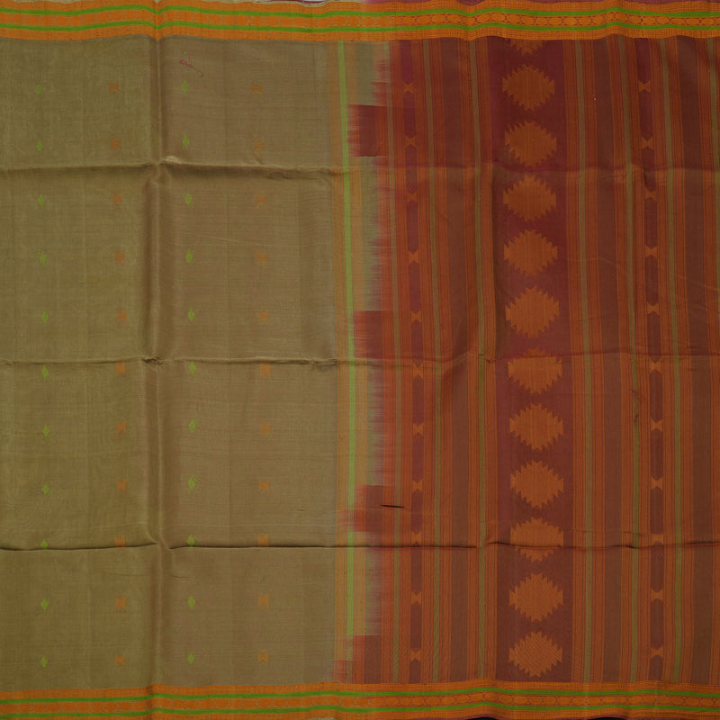 Hayagrivas Sage Green Pure Kora Silk Cotton Saree with Orange Thread Work Border KBE1485J5-9