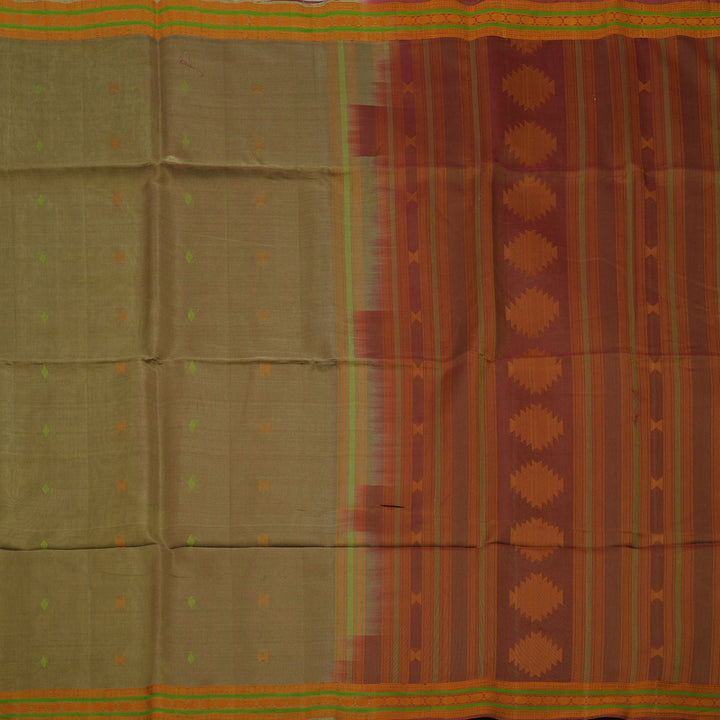 Hayagrivas Sage Green Pure Kora Silk Cotton Saree with Orange Thread Work Border KBE1485J5-9