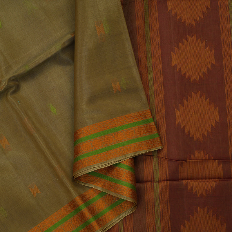 Hayagrivas Sage Green Pure Kora Silk Cotton Saree with Orange Thread Work Border KBE1485J5-9