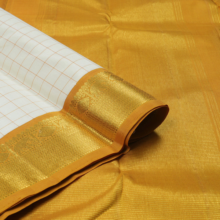 Hayagrivas Handloom Half White Kanjivaram Silk Saree with Mustard border KBE1486J5-1