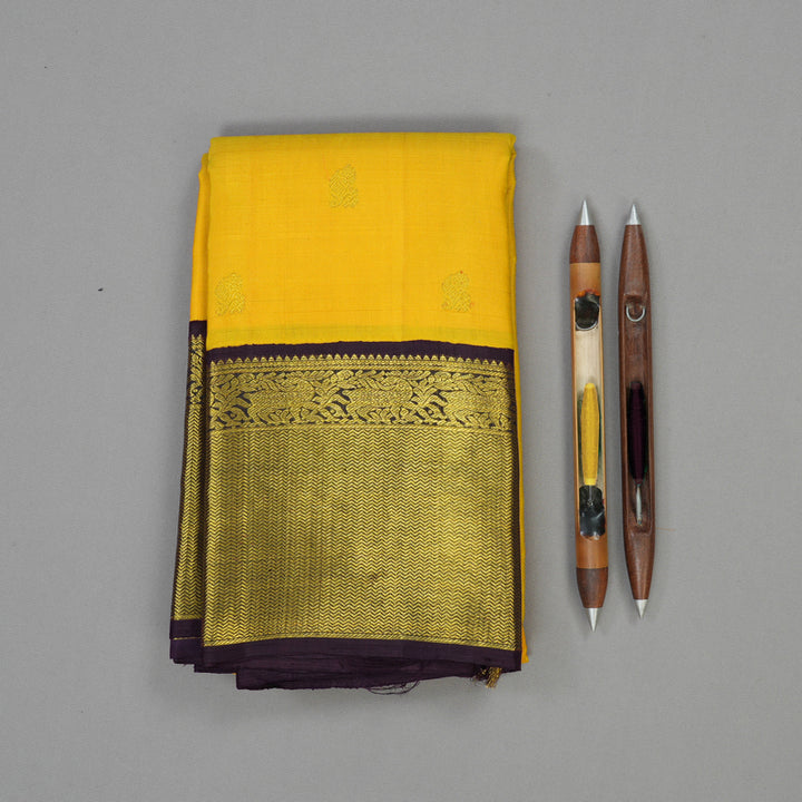 Hayagrivas Handloom Mango Yellow Kanjivaram Silk Saree with Deep Plum Purple border KBE148D2-1