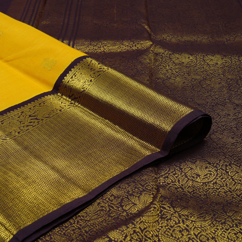 Hayagrivas Handloom Mango Yellow Kanjivaram Silk Saree with Deep Plum Purple border KBE148D2-1