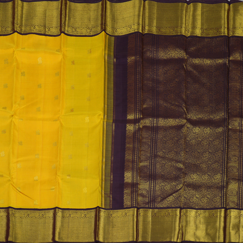 Hayagrivas Handloom Mango Yellow Kanjivaram Silk Saree with Deep Plum Purple border KBE148D2-1