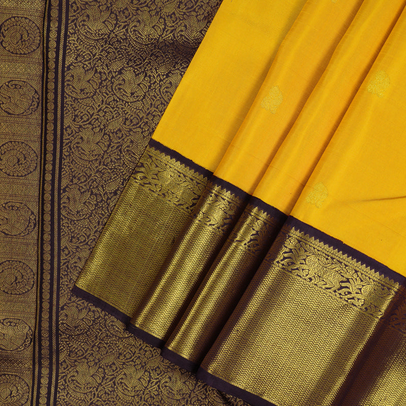 Hayagrivas Handloom Mango Yellow Kanjivaram Silk Saree with Deep Plum Purple border KBE148D2-1