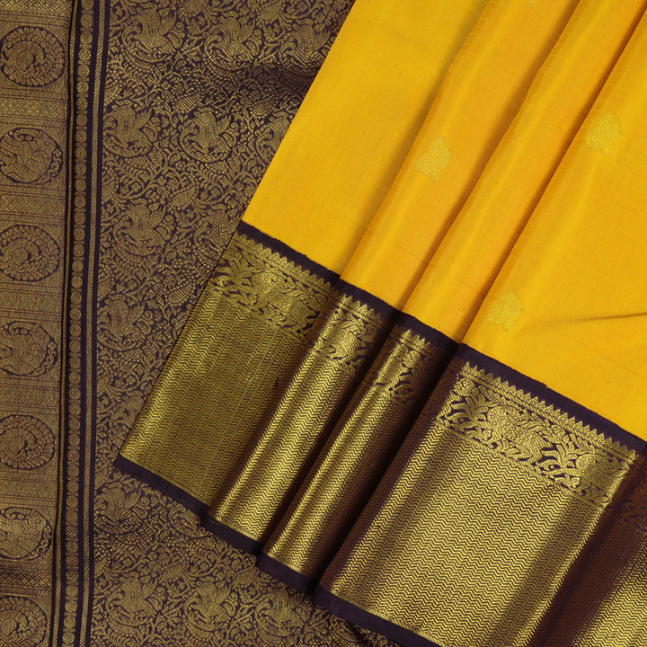 Hayagrivas Handloom Mango Yellow Kanjivaram Silk Saree with Deep Plum Purple border KBE148D2-1