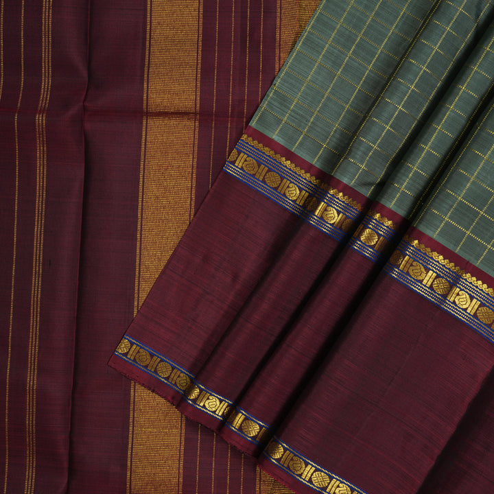 Hayagrivas Handloom Cement Green Kanjivaram Silk Saree with Ganga Jamuna Border KBE14D4-1