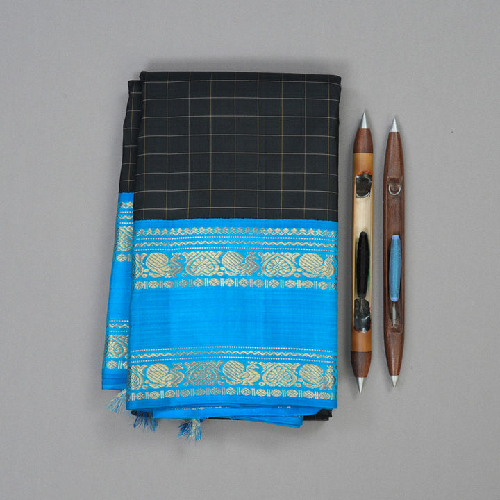 Hayagrivas Handloom Black Kanjivaram Silk Saree with Aqua Blue Border KBE14D8-2