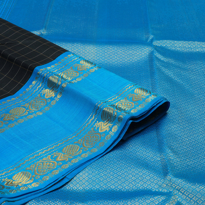 Hayagrivas Handloom Black Kanjivaram Silk Saree with Aqua Blue Border KBE14D8-2