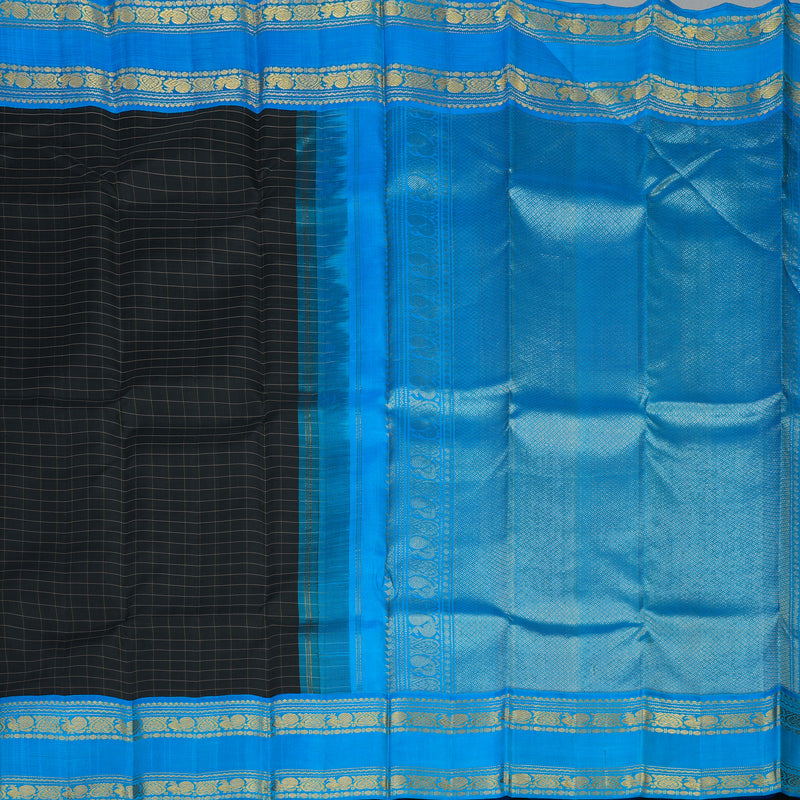 Hayagrivas Handloom Black Kanjivaram Silk Saree with Aqua Blue Border KBE14D8-2