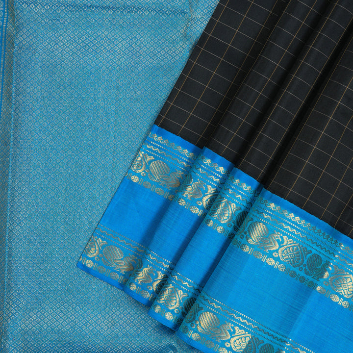 Hayagrivas Handloom Black Kanjivaram Silk Saree with Aqua Blue Border KBE14D8-2