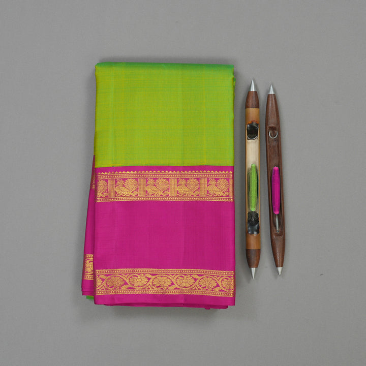 Hayagrivas Handloom Fluorescent Green Kanjivaram Silk Saree with Rani Pink Border KBE1501J3-1