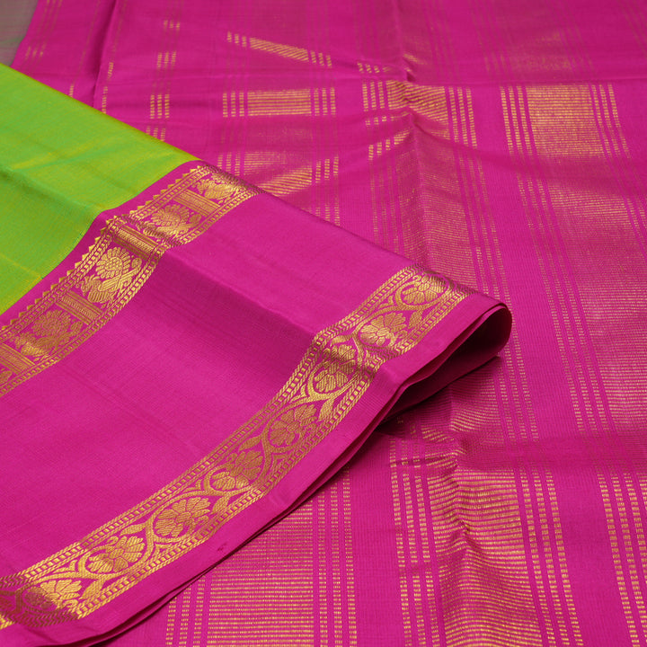Hayagrivas Handloom Fluorescent Green Kanjivaram Silk Saree with Rani Pink Border KBE1501J3-1