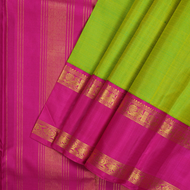 Hayagrivas Handloom Fluorescent Green Kanjivaram Silk Saree with Rani Pink Border KBE1501J3-1