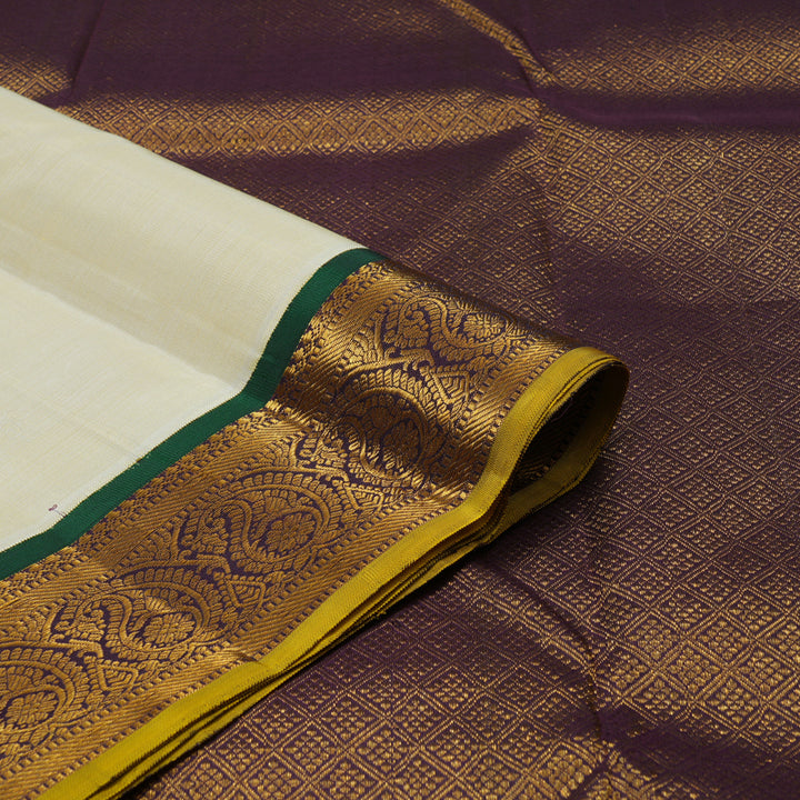 Hayagrivas Handloom Light Elaichi Green Kanjivaram Silk Saree with Deep Purple border KBE1503J2-1