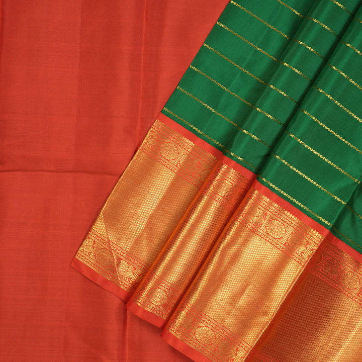 Hayagrivas Dark Green Kanjivaram Pattu Pavadai with Reddish-Orange border KBE1505J20-1
