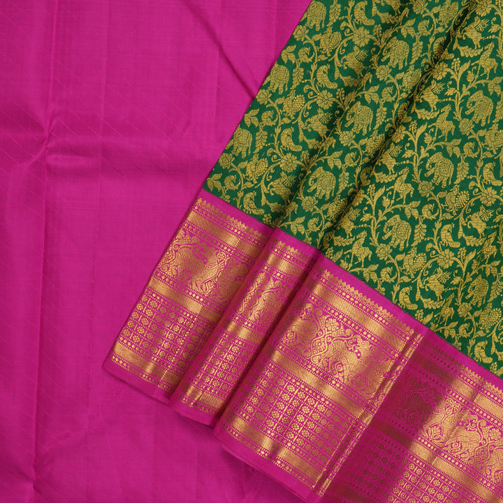 Hayagrivas Handloom Bottle Green Kanjivaram Pattu Pavadai with Magenta Border KBE1505J21-1