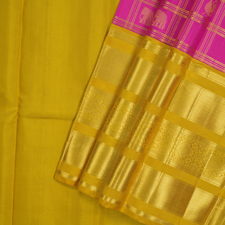Hayagrivas Handloom Rani Pink Kanjivaram Pattu Pavadai with Mango Yellow Border KBE1505J23-1