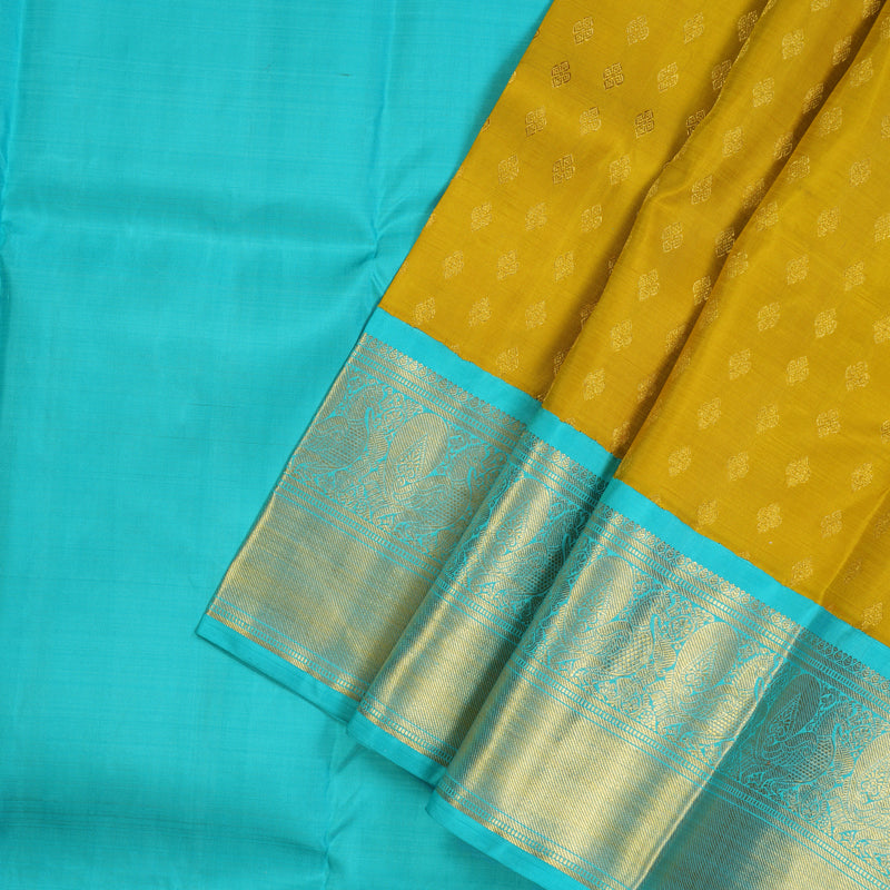Hayagrivas Handloom Sampanga Yellow Kanjivaram Pattu Pavadai with Sky Blue border KBE1505J24-2