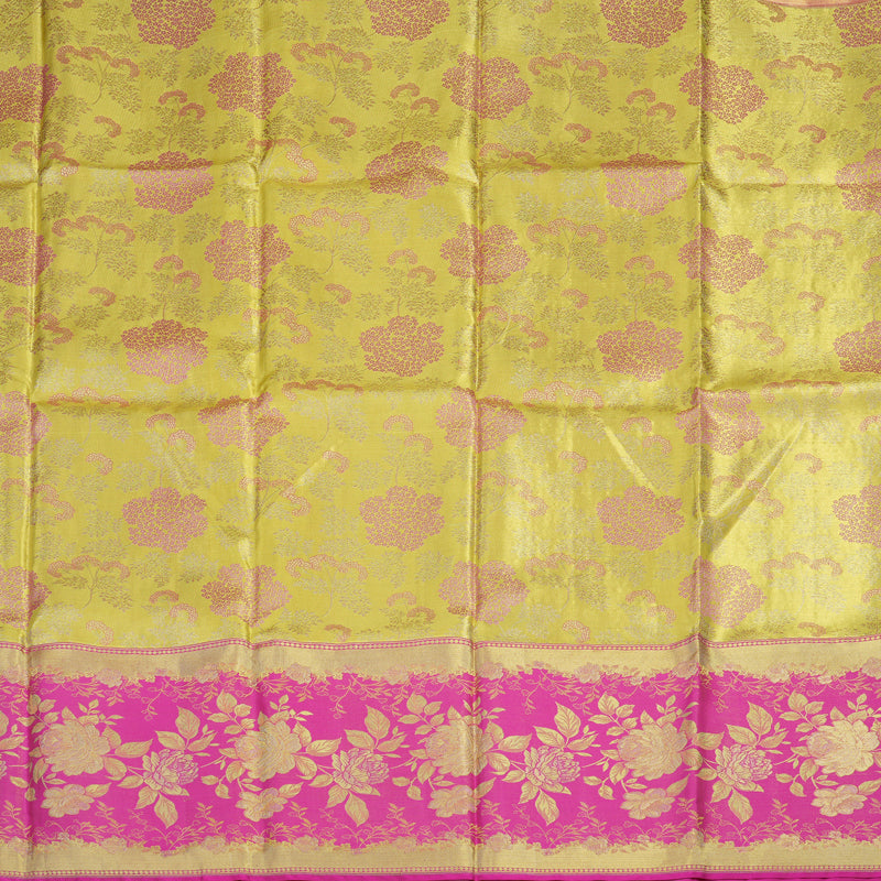 Hayagrivas Handloom Lemon Yellow Kanjivaram Silk Pattu Pavadai with Pink Border KBE151D1-3