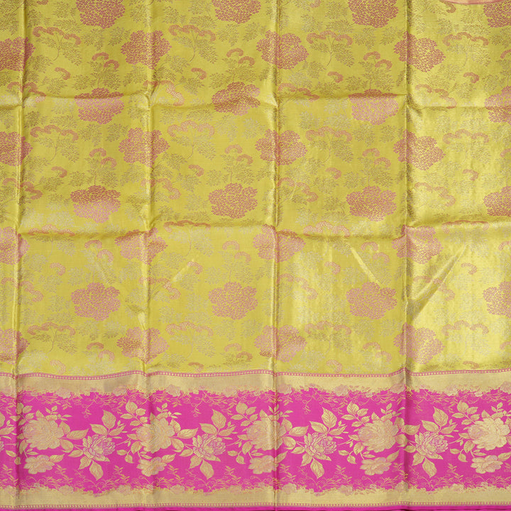 Hayagrivas Handloom Lemon Yellow Kanjivaram Silk Pattu Pavadai with Pink Border KBE151D1-3
