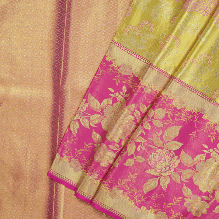 Hayagrivas Handloom Lemon Yellow Kanjivaram Silk Pattu Pavadai with Pink Border KBE151D1-3