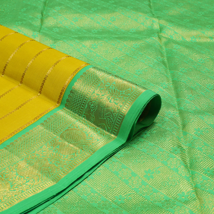 Hayagrivas Handloom Lemon Yellow Kanjivaram Silk Saree with Parrot Green border KBE1520J1-1
