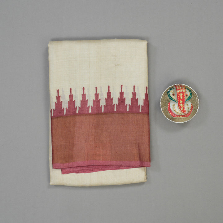 Hayagrivas Cream Handprinted Tussar Saree with wine border KBE1524K1-1