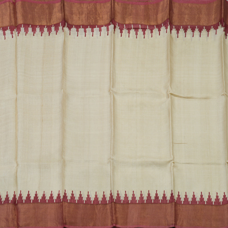 Hayagrivas Cream Handprinted Tussar Saree with wine border KBE1524K1-1