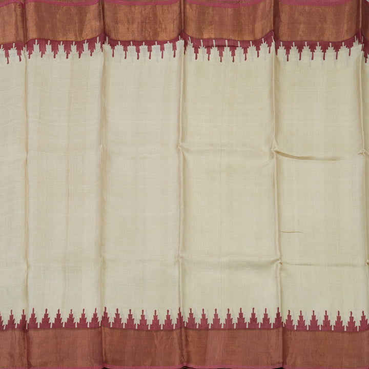 Hayagrivas Cream Handprinted Tussar Saree with wine border KBE1524K1-1