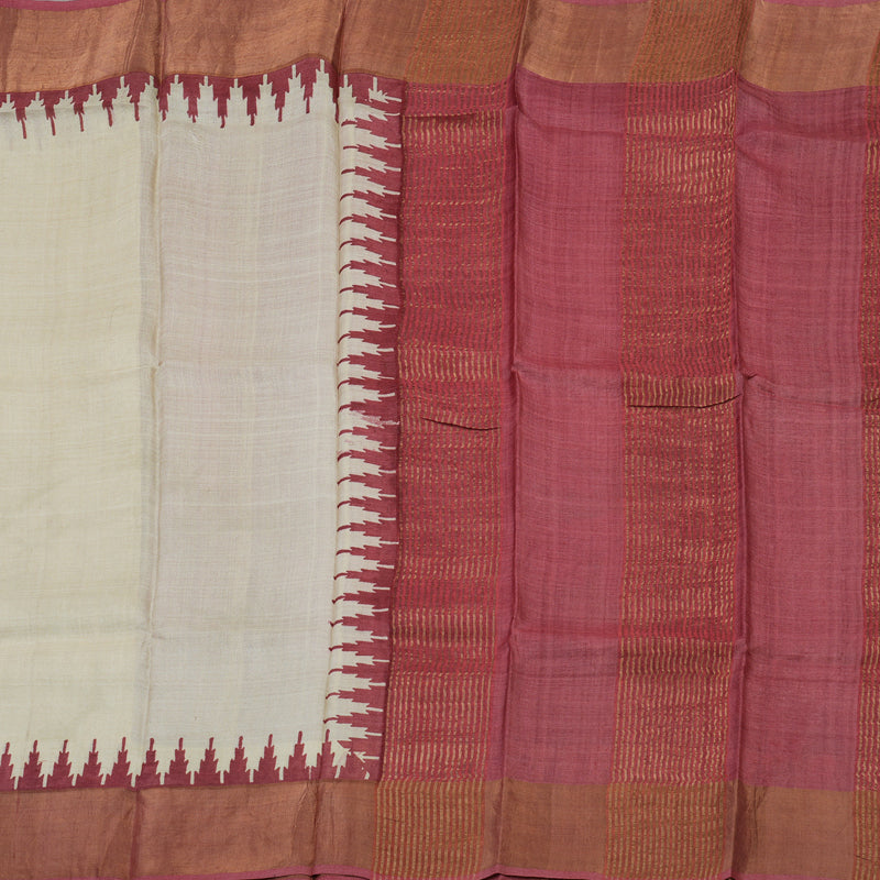 Hayagrivas Cream Handprinted Tussar Saree with wine border KBE1524K1-1
