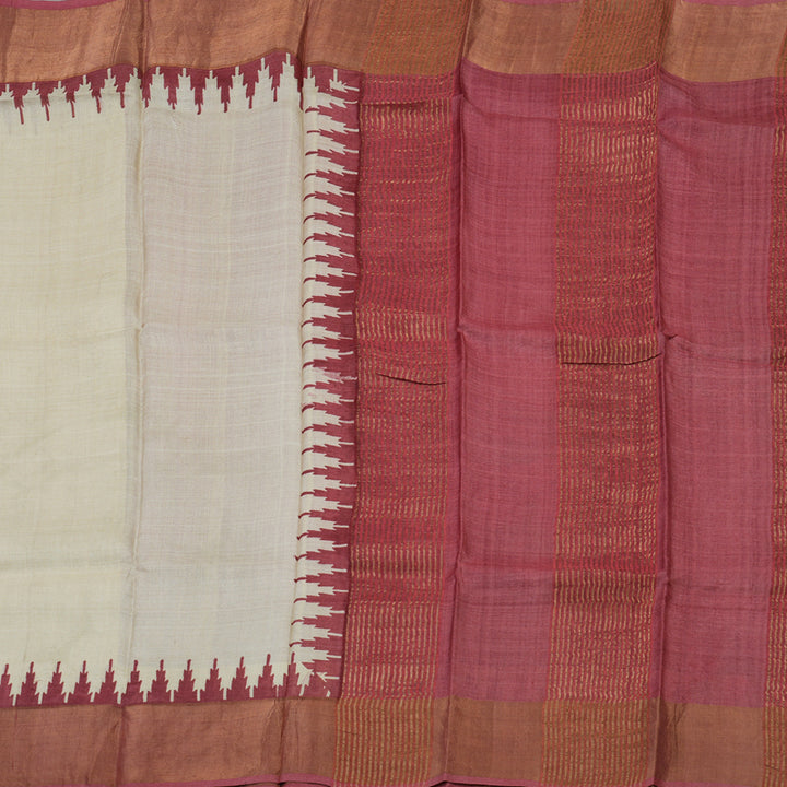 Hayagrivas Cream Handprinted Tussar Saree with wine border KBE1524K1-1