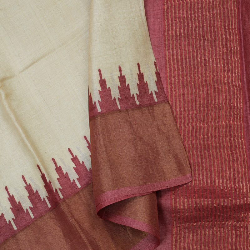 Hayagrivas Cream Handprinted Tussar Saree with wine border KBE1524K1-1