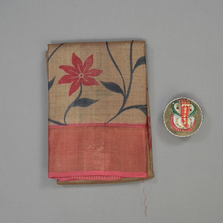 Hayagrivas Khaki Brown Handprinted Tussar Saree KBE1524K2-8