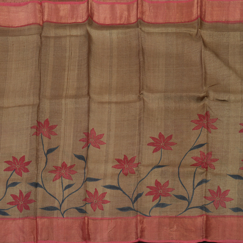Hayagrivas Khaki Brown Handprinted Tussar Saree KBE1524K2-8