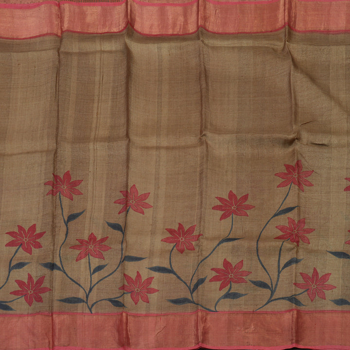 Hayagrivas Khaki Brown Handprinted Tussar Saree KBE1524K2-8