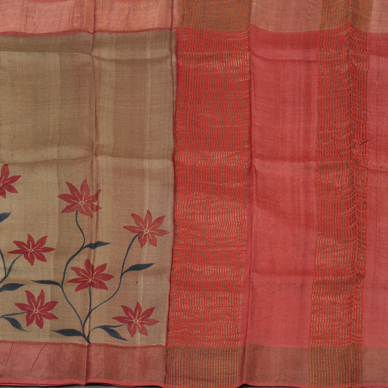 Hayagrivas Khaki Brown Handprinted Tussar Saree KBE1524K2-8