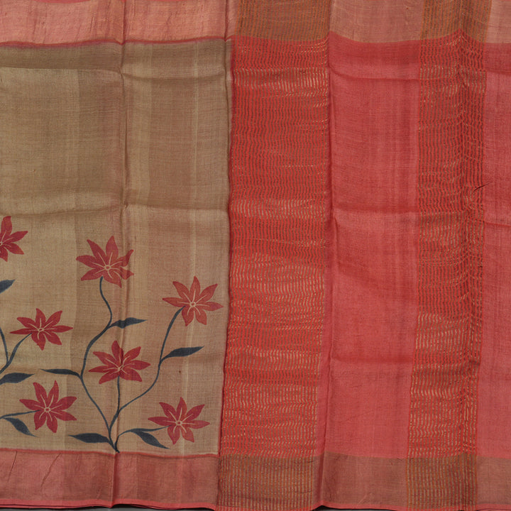 Hayagrivas Khaki Brown Handprinted Tussar Saree KBE1524K2-8