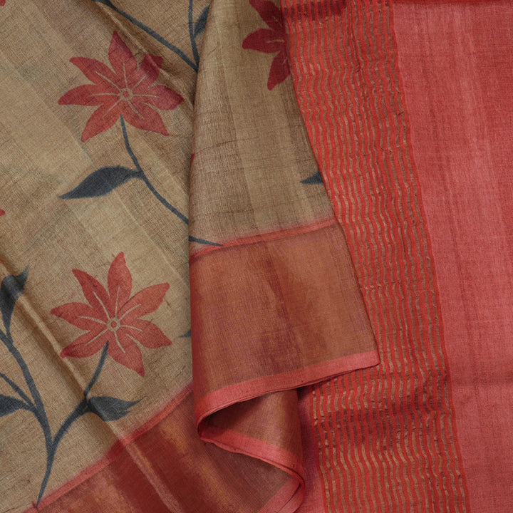 Hayagrivas Khaki Brown Handprinted Tussar Saree KBE1524K2-8