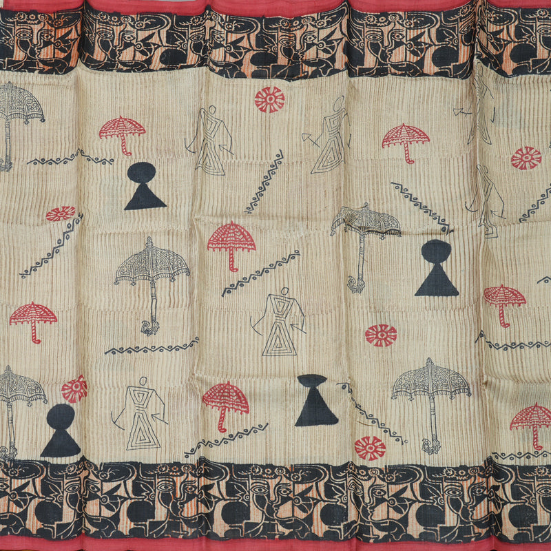 Hayagrivas Beige Handprinted Tussar Saree KBE1524K3-2