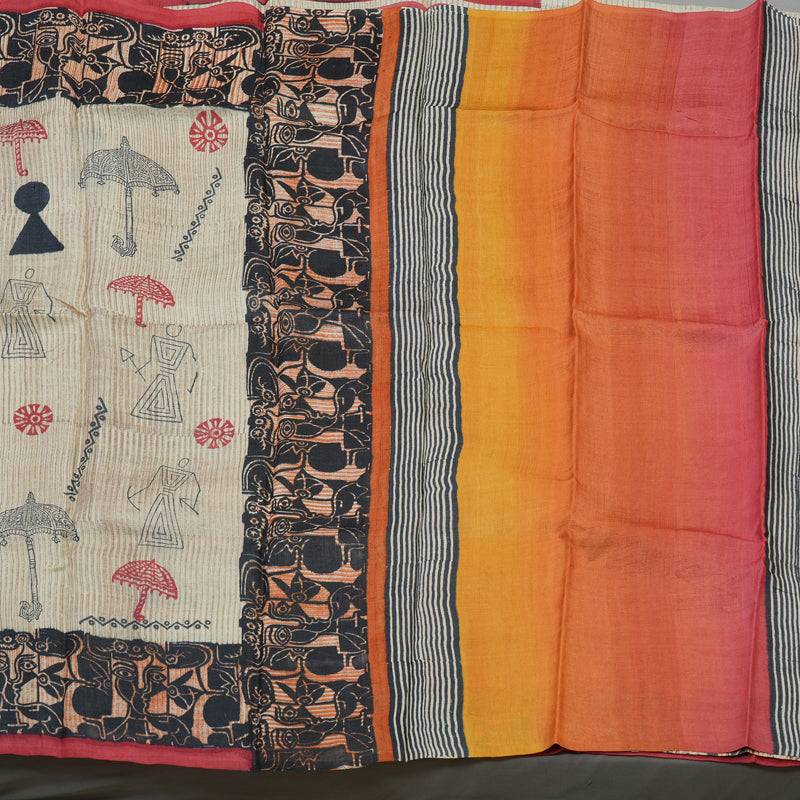 Hayagrivas Beige Handprinted Tussar Saree KBE1524K3-2