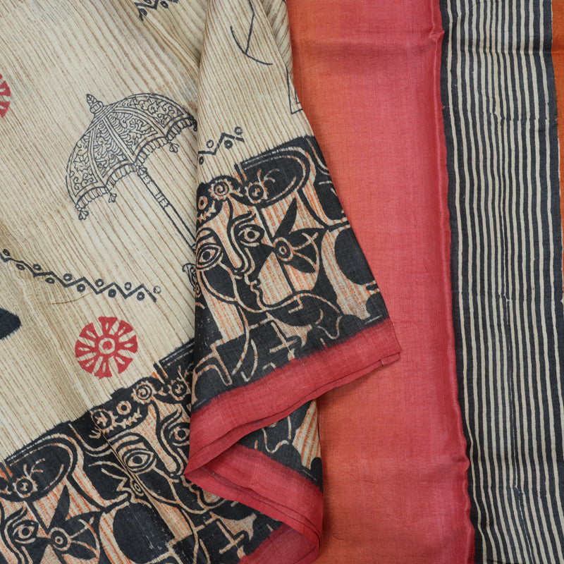 Hayagrivas Beige Handprinted Tussar Saree KBE1524K3-2