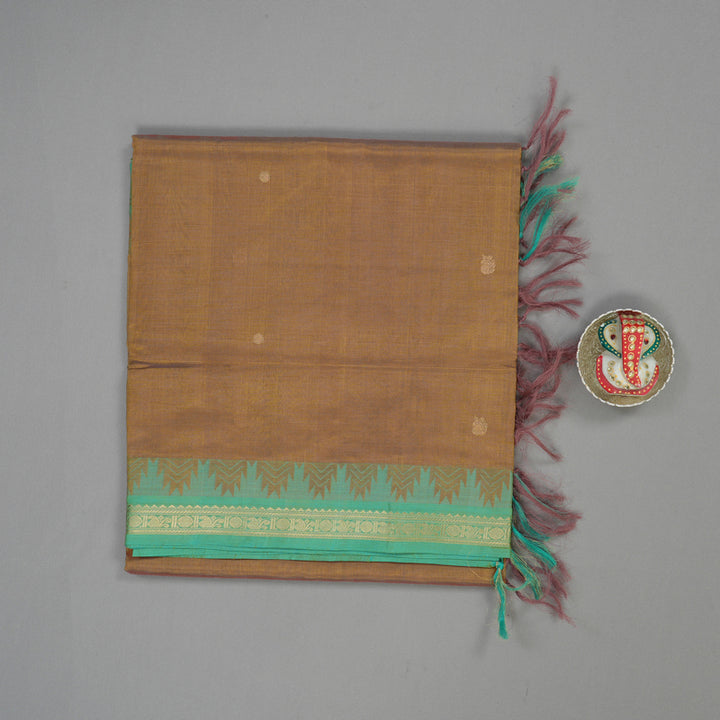 Hayagrivas Gold Pure Silk Cotton Saree with Sea Green Small Temple Border KBE1525K11-3